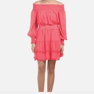 NWT- BCBGeneration Coral Pink Off-Shoulder Belted Chiffon Mini Dress - Size 2